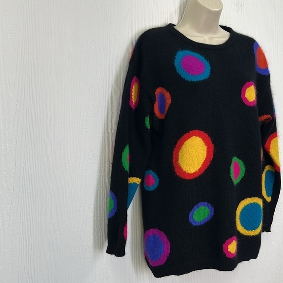 Rafaella - Vintage Rabbit Lambswool Retro Bright Circle Shapes Black Sweater SM - Picture 4 of 10